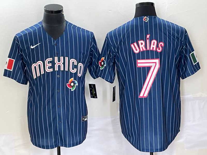 Men%27s Mexico Baseball #7 Julio Urias Navy Blue Pinstripe 2020 World Series Cool Base Nike Jersey 1